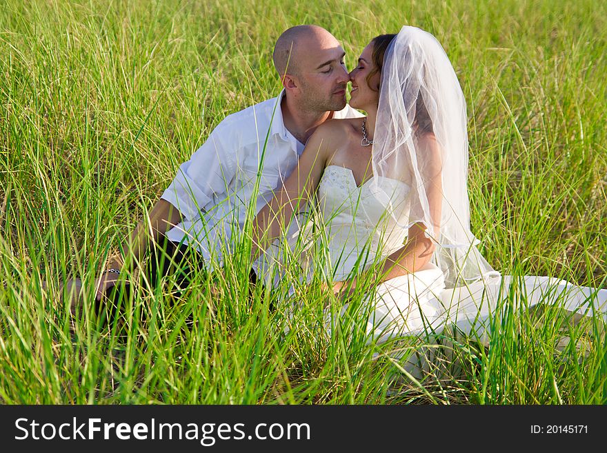 A groom kissing bride sitting in long grass