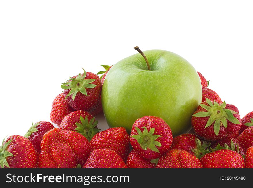 Composition of group of strawberries and green apple, isolated on a white background. Composition of group of strawberries and green apple, isolated on a white background.