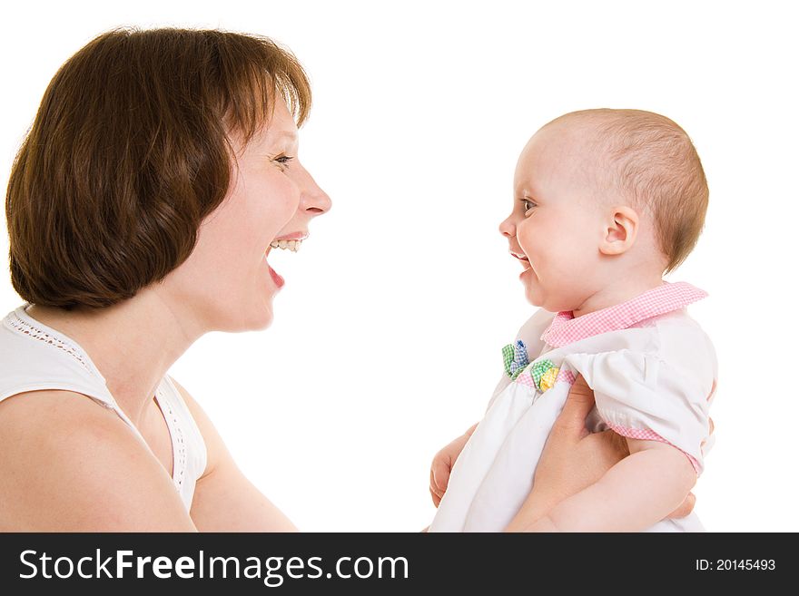 Mother with a baby on a white background.