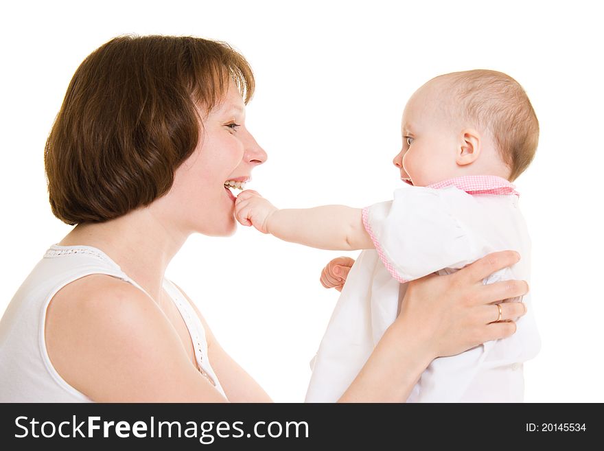 Mother with a baby on a white background.