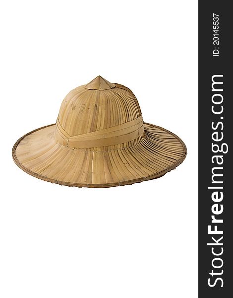 Tropical straw pith helmet on white background