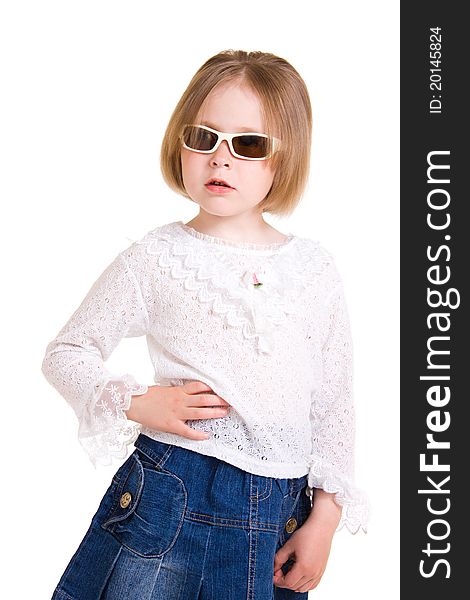 Child in sunglasses on white background.