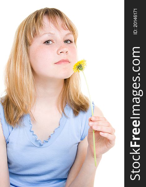 A girl with a flower on a white background