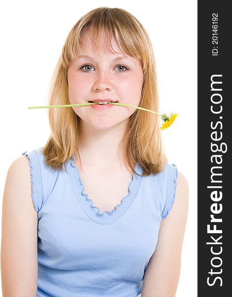 A girl with a flower on a white background