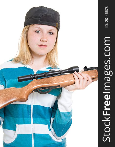 A teenager with a gun on a white background.