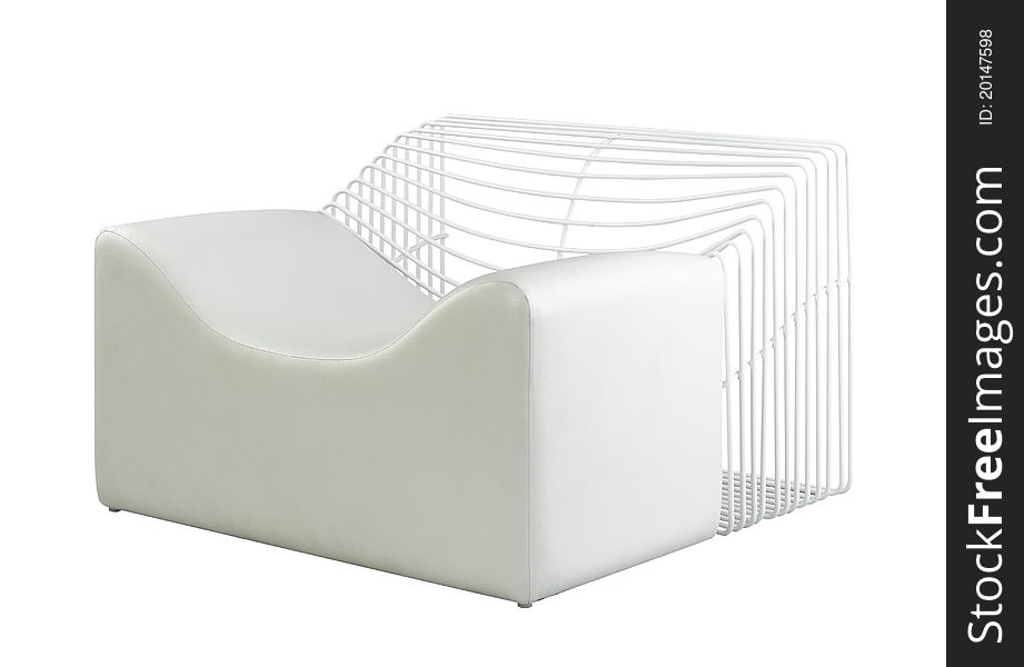 White leather armchair with grid white steel backrest a modern design of the armchair