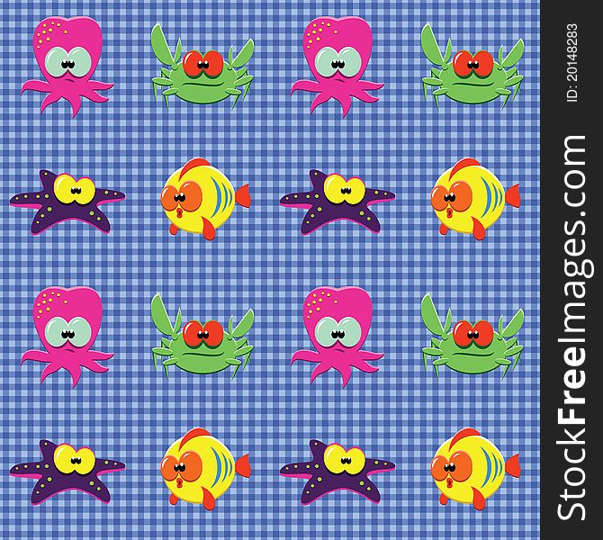 Vector seamless checked blue pattern with funny cartoon fishes, octopuses, crabs and starfishes. Vector seamless checked blue pattern with funny cartoon fishes, octopuses, crabs and starfishes