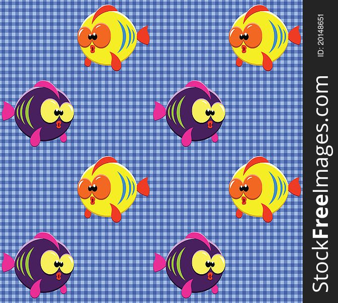 Vector seamless checked blue pattern with funny cartoon fishes. Vector seamless checked blue pattern with funny cartoon fishes