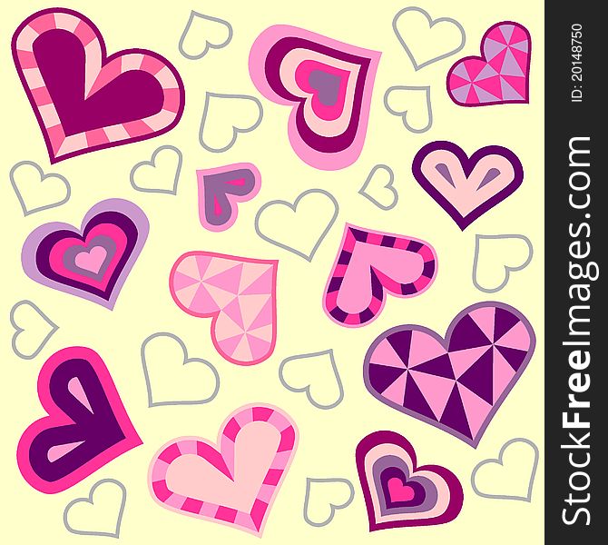 Background or pattern with hearts in different colors and designs