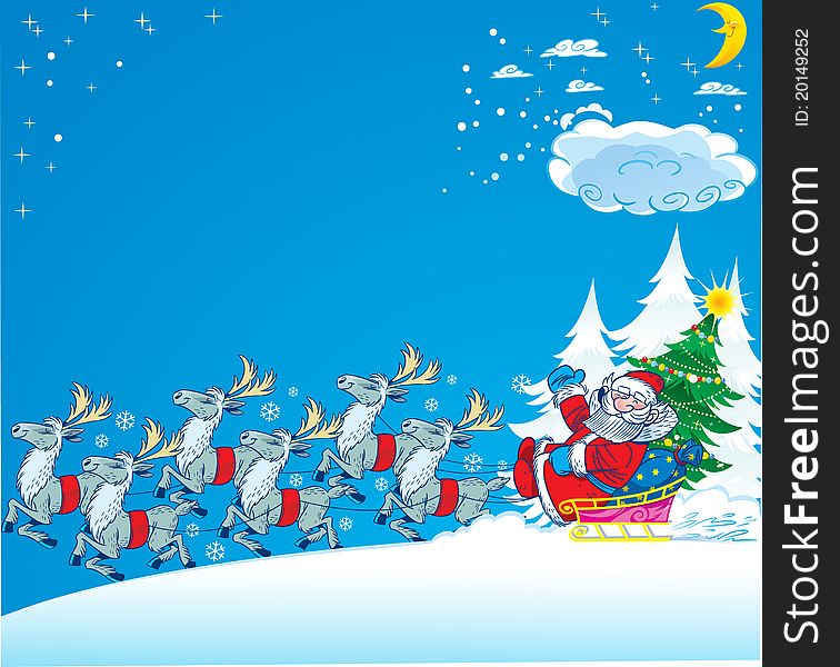 Santa Claus rides in a sleigh through the snow.Next to him a green Christmas tree and gifts.Sledge race several reindeer. Illustration in separate layers. Santa Claus rides in a sleigh through the snow.Next to him a green Christmas tree and gifts.Sledge race several reindeer. Illustration in separate layers.