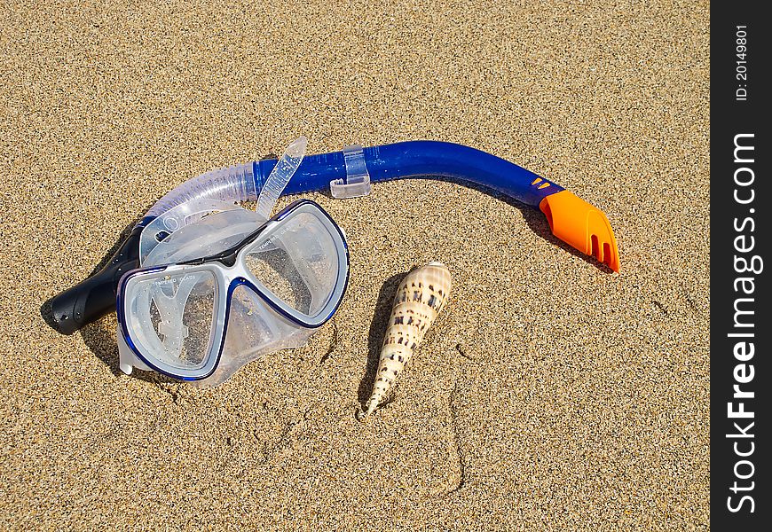 Snorkeling mask and shell on the beach