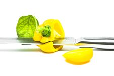 Yellow Sweet Pepper  With Knife Isolation Stock Images