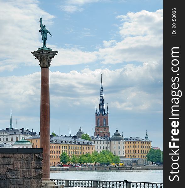 Column with statue of Engelbrekt Engelbrektsson (Swedish rebel leader and later statesman) on the City Hall square and Gamla Stan skyline, Stockholm, Sweden. Column with statue of Engelbrekt Engelbrektsson (Swedish rebel leader and later statesman) on the City Hall square and Gamla Stan skyline, Stockholm, Sweden.