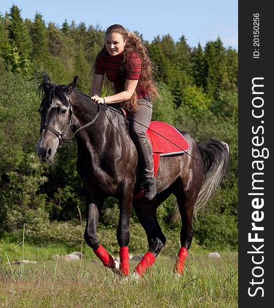 Girl astride a horse galloping on a background of green wood. Girl astride a horse galloping on a background of green wood