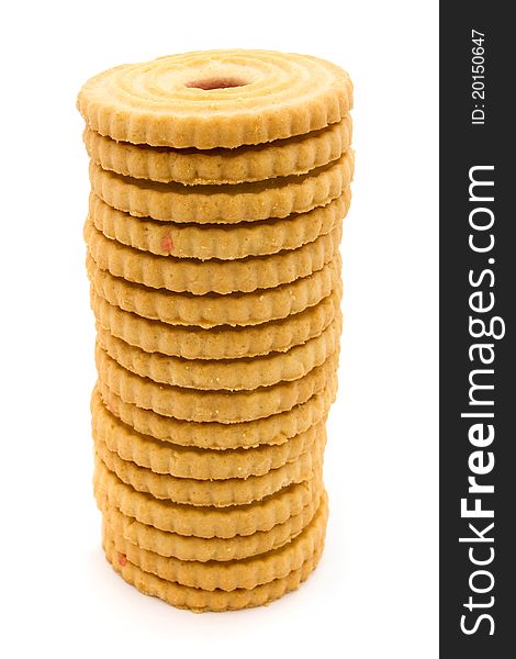 Tower of jam filled biscuits isolated on white. Tower of jam filled biscuits isolated on white