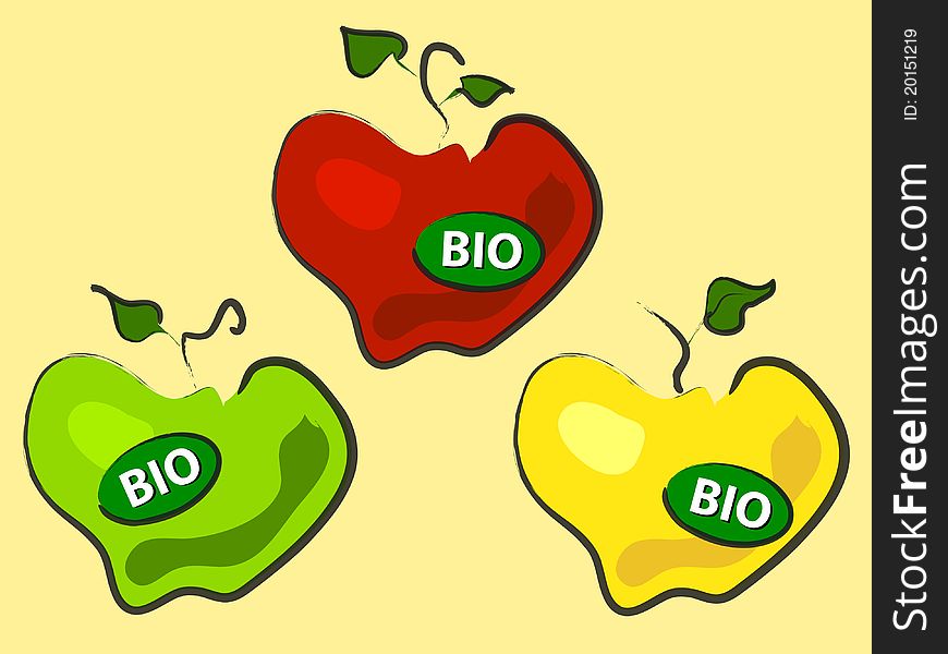 Three bio apples, red, green and yellow