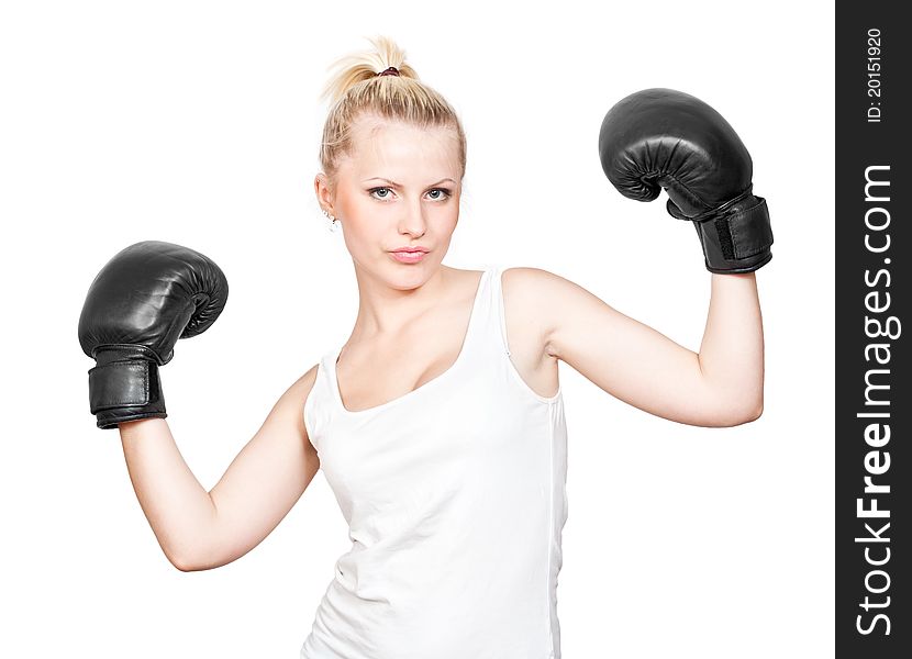 Beautiful blonde girl in boxing gloves. Isolated on white background