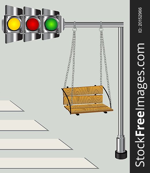 Children swing on a bended traffic lights pole, conceptual graphic