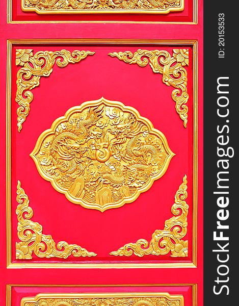 Golden Dragon Decorated On Red Wood