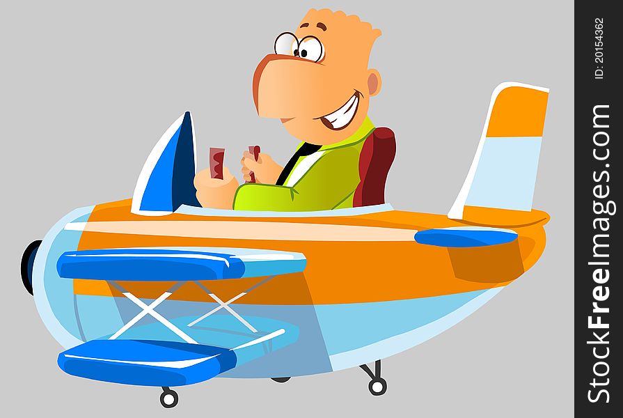 Cartoon illustration of a smiling man in a plane. Cartoon illustration of a smiling man in a plane.