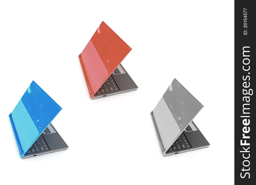 Three color laptops on the white background