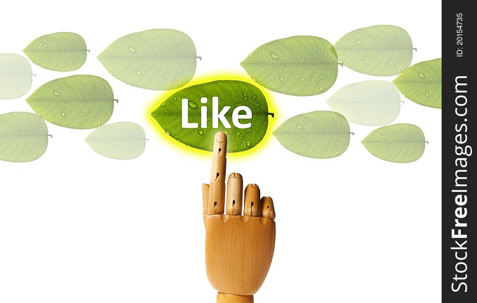 Creative concept of saved green with touch screen, wooden hand pressing leaf button. Creative concept of saved green with touch screen, wooden hand pressing leaf button