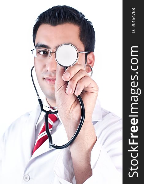 Doctor holding stethoscope,isolated on white background