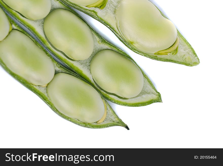 Close up view of some broad beans isolated on a white background.