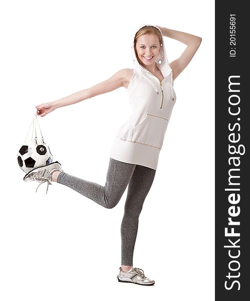 Young blond woman with a bag shaped like a soccer ball. Isolated on white background. Young blond woman with a bag shaped like a soccer ball. Isolated on white background