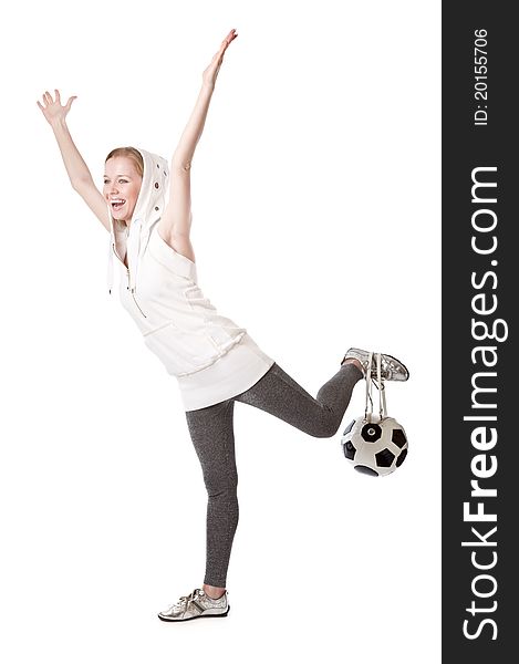 Young blond woman with a bag shaped like a soccer ball. Isolated on white background. Young blond woman with a bag shaped like a soccer ball. Isolated on white background