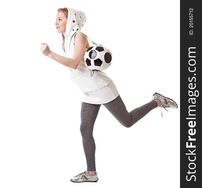 Young blond woman with a bag shaped like a soccer ball. Isolated on white background. Young blond woman with a bag shaped like a soccer ball. Isolated on white background
