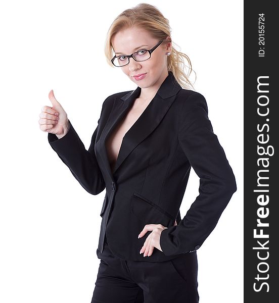 A smiling businesswoman in showing Thumb up. isolated on a white background