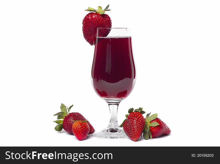 Close view of a glass of strawberry juice isolated on a white background.