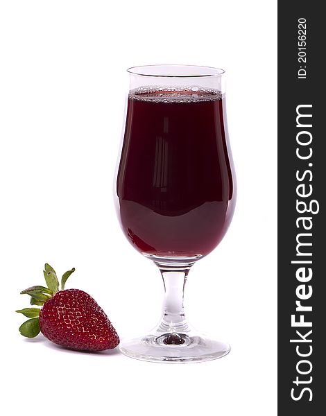 Close view of a glass of strawberry juice isolated on a white background.