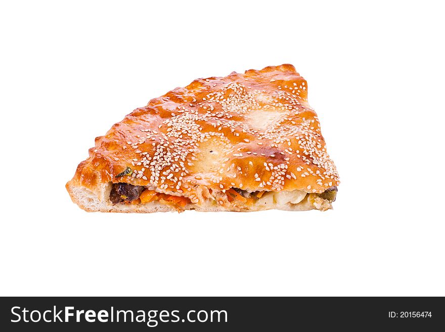 A piece of meat pie on a white background. A piece of meat pie on a white background