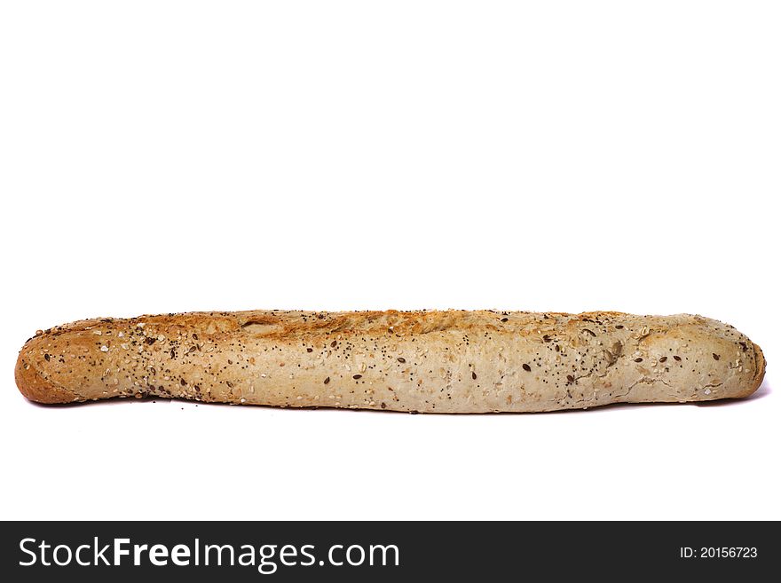 Close view of a baguette bread  isolated on a white background. Close view of a baguette bread  isolated on a white background.