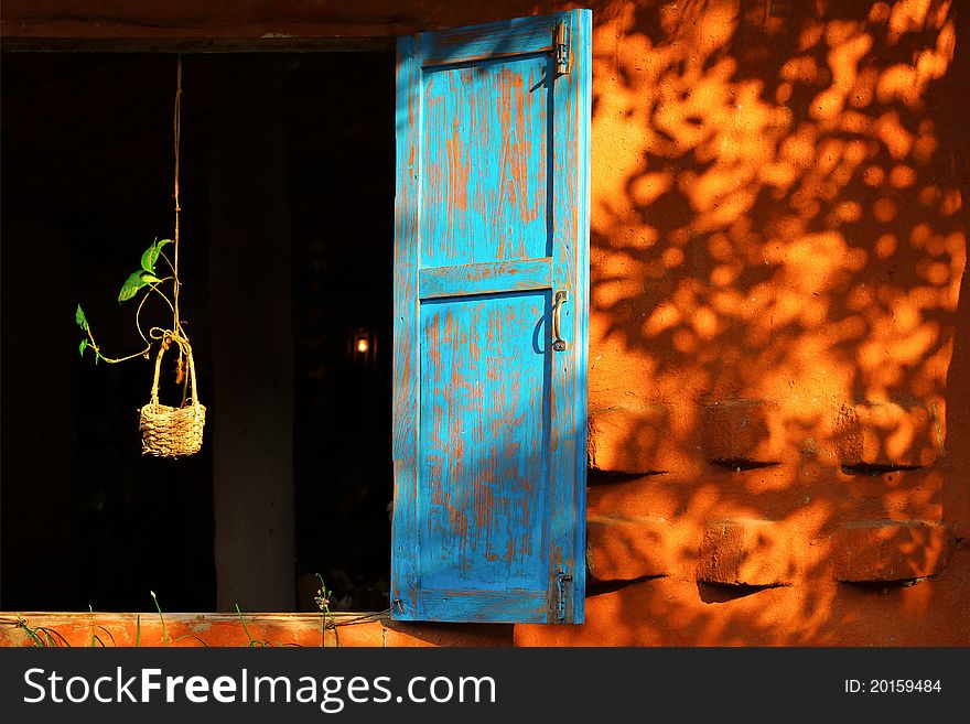 Vintage blue window frame with plant on the basket