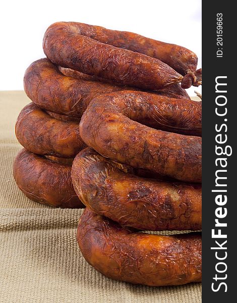 Close up view of some traditional Portuguese chorizo on a table