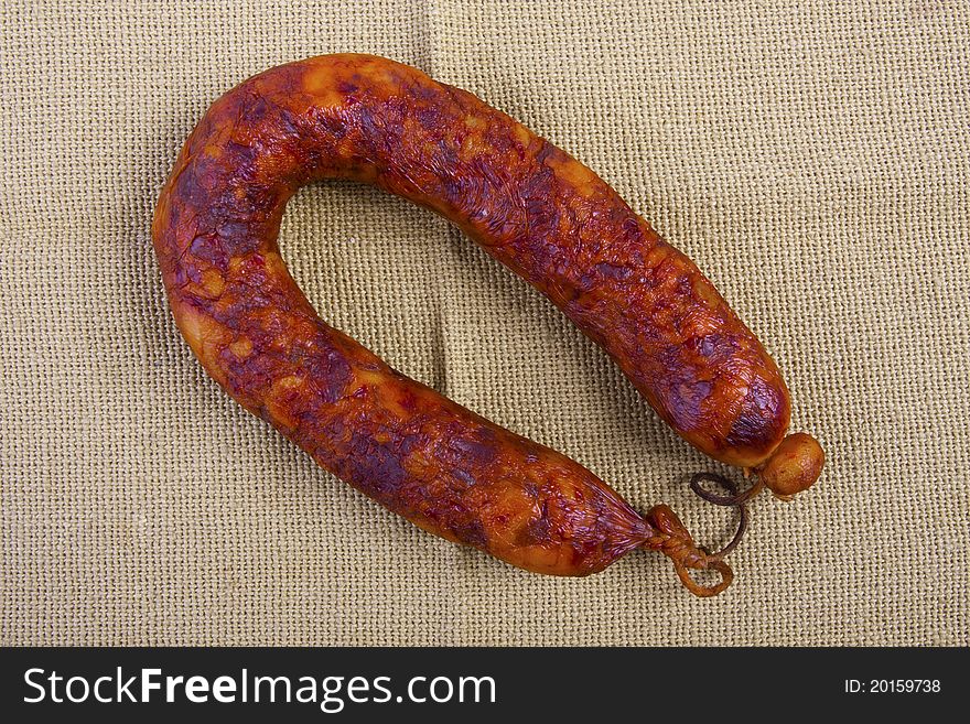 Close up view of some traditional Portuguese chorizo on a table