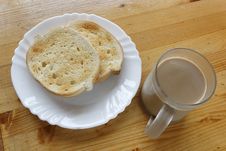 Coffee With Milk And Bread Slices. Stock Photo