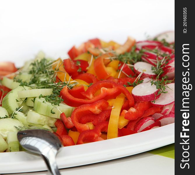 Delicious salad of cucumbers, peppers and radishes - close up - square