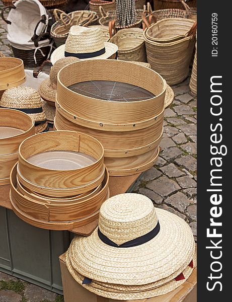 Hats and basketry in a fair shop. Hats and basketry in a fair shop