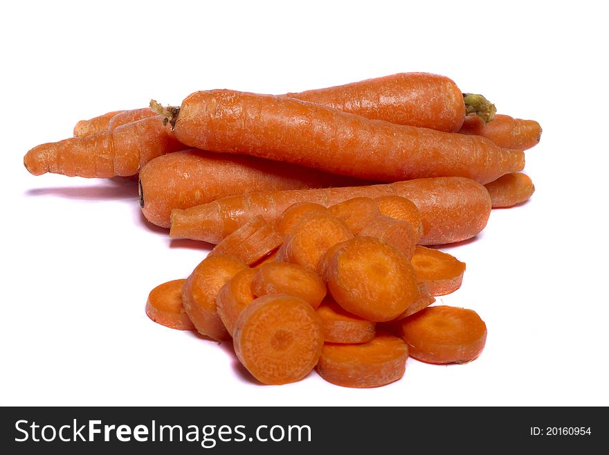 Close up view of a bunch of carrots isolated on a white background.