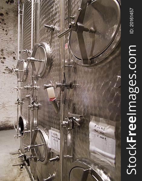Stainless steel tank in modern wine cellars. Stainless steel tank in modern wine cellars