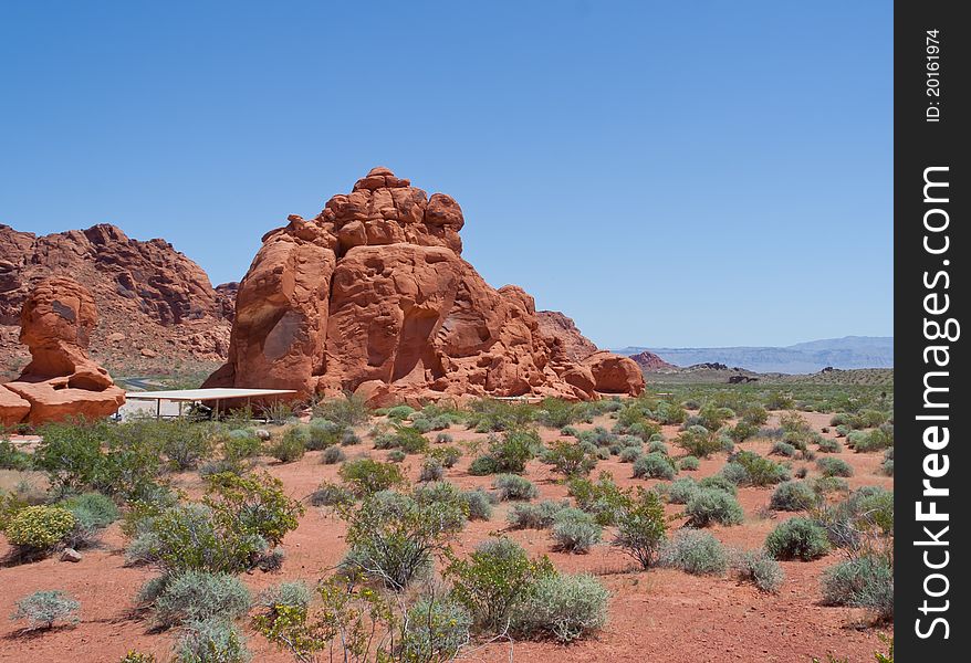 Rest stop along the highway in the scenic area of Valley of Fire. Rest stop along the highway in the scenic area of Valley of Fire