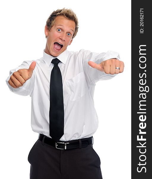 Young handsome entrepreneur shows satisfaction with thumbs up, isolated on white. Young handsome entrepreneur shows satisfaction with thumbs up, isolated on white