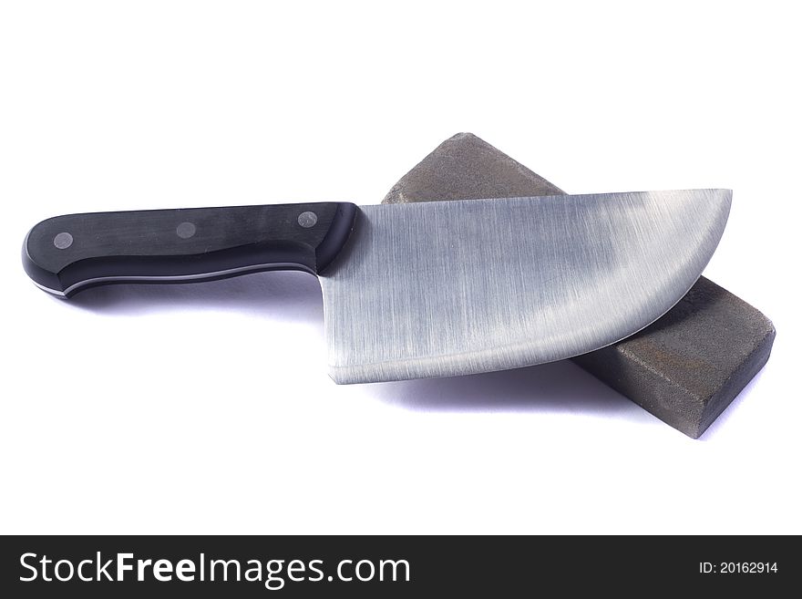 Close up view of butcher knife isolated on a white background.
