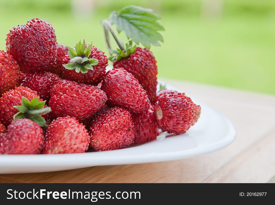 Strawberrry on white plate with green background. Strawberrry on white plate with green background