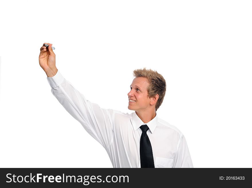 Blond businessman stretches his arm to write, copyspace for designers to insert graph or words. Blond businessman stretches his arm to write, copyspace for designers to insert graph or words