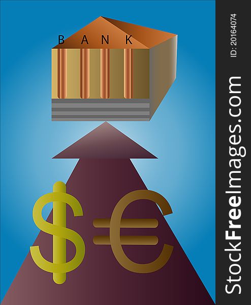 Painted signs of the dollar and euro, going to the bank